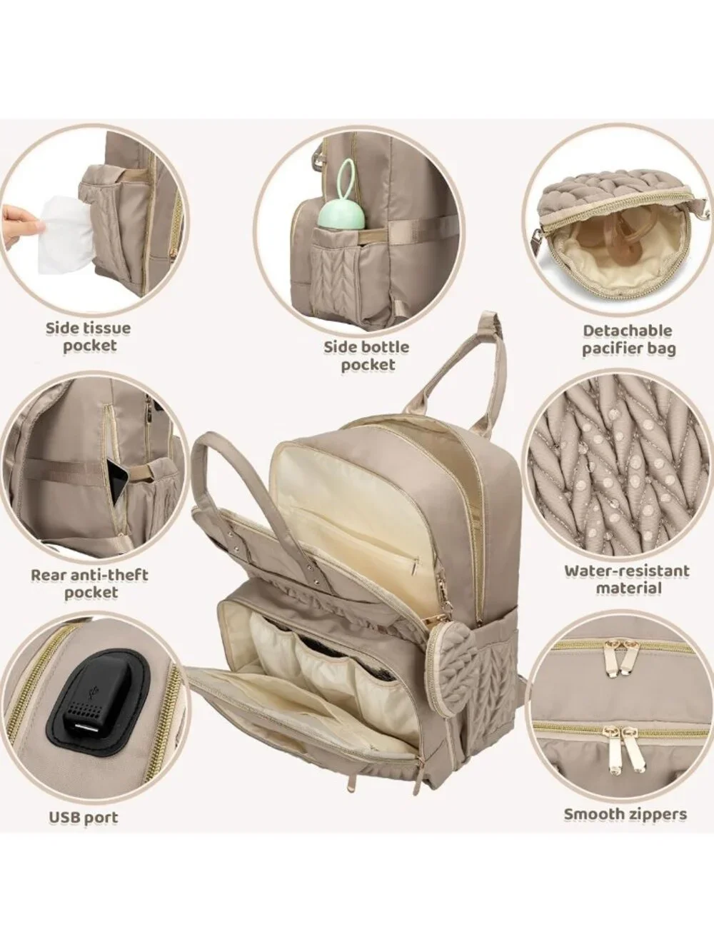 Stylish Waterproof Diaper Bag Backpack with Changing Pad, USB Port & Stroller